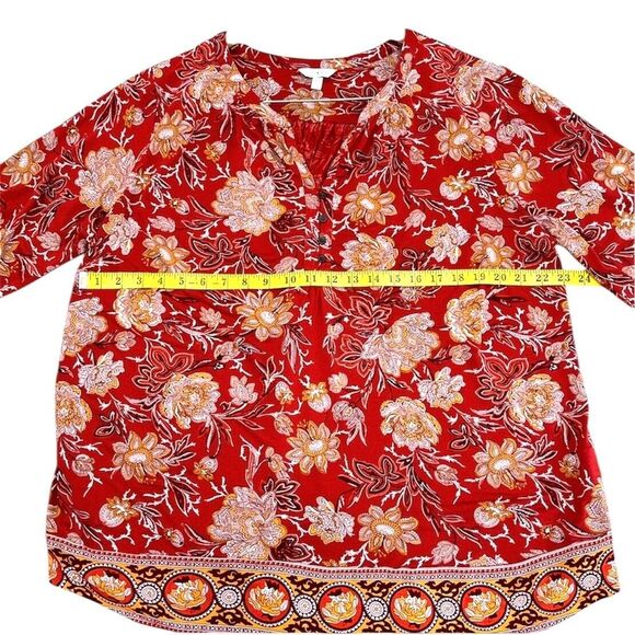 Lucky Brand Red Floral Print Bohemian Peasant Tunic Top Womens Size 2X - Picture 7 of 9